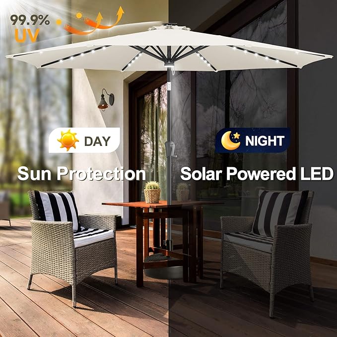 FLAME&SHADE 9 FT Outdoor Umbrella with 40LED Lights, Solar Light Patio Umbrella with Centre Surround Light, Table Market Umbrella Outdoor Patiofor Deck, Pool, Backyard, Garden (Ivory)