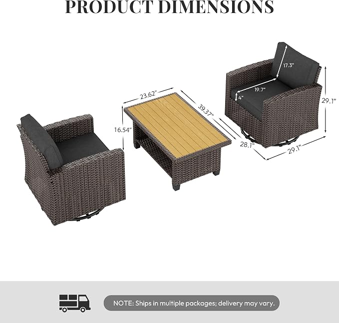 WWR Patio Furniture Set-30% Thicker Wicker-Luxury 3 Piece PatioWicker Outdoor Patio Conversation Set with Extra Wide & Thick Cushions, Swivel Rocking Chairs for Backyard, Porch & Deck