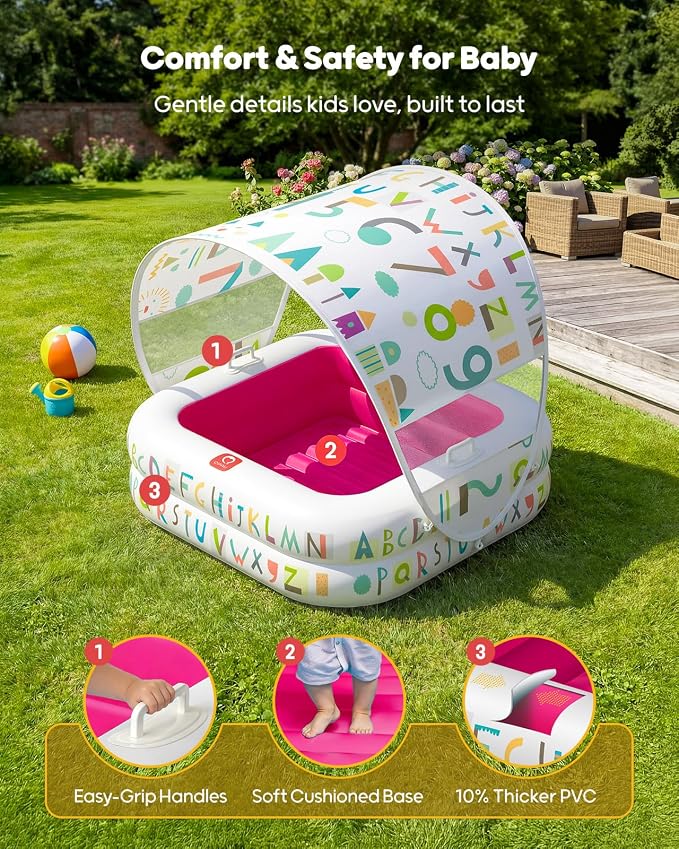 QPAU Baby Pool with Detachable Canopy for Sun Protection, 35" x 10" Portable Inflatable Kids Pool with Padded Bottom, Kiddie Pool & Ball Pit with Handles for Backyard and Indoor, Ages 1-3 (Pink)