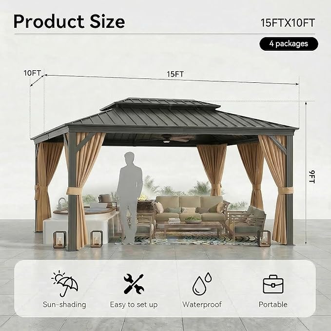 HOTEEL 10x15 Hardtop Gazebo with Flame-Retardant Curtain & Netting, Hot Tub Gazebo with Galvanized Steel Double Roof, Heavy Duty Permanent Pavilion Outdoor for Patio, Frame Thickened, Brown