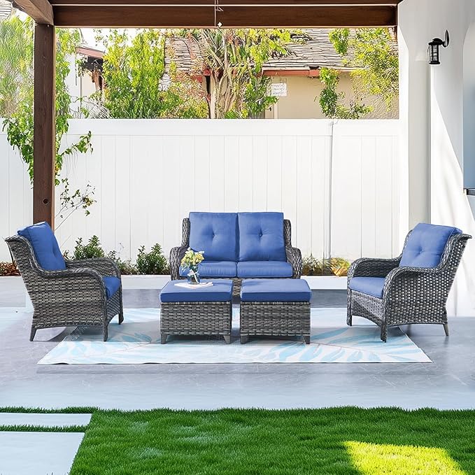 Belord Outdoor Wicker Furniture 5 Pieces Patio Furniture Set Patio Wicker Chairs with Ottomans Conversation Set for Porch Garden Deck Balcony Poolside