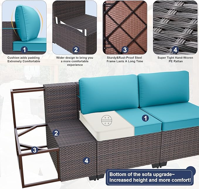 Patio Furniture Set 14-Piece Outdoor Furniture for Backyard Wicker Sectional Sofa Set, PE Rattan Patio Conversation Set 12 Seat with 4 Inch Thickened Cushions and Glass Coffee Tables, Blue
