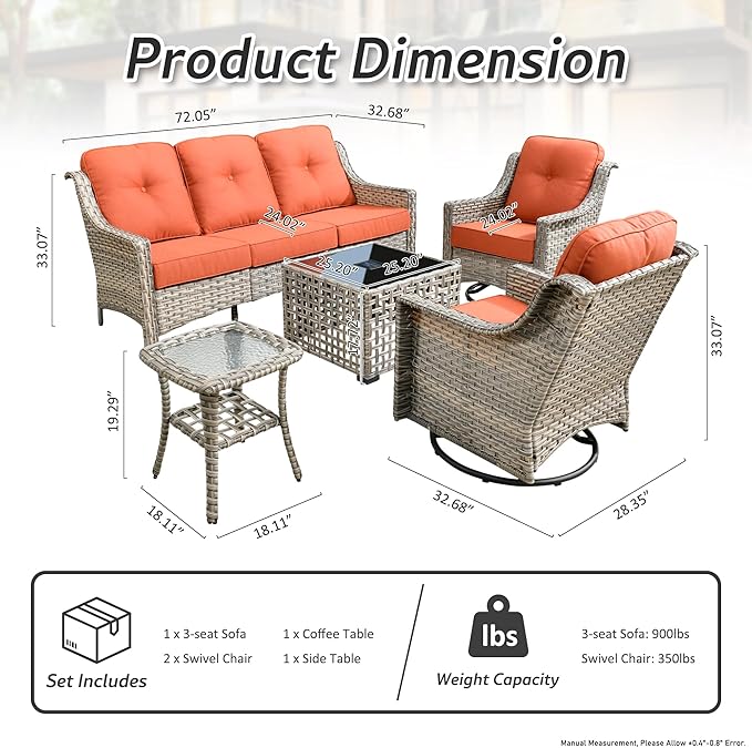 Patio Conversation Set,5 Pieces Wicker Patio Furnitures with Swivel Chair and Coffee Table,All Weather Patio Furniture Set for Garden,Backyard,Poolside and Patio,Bold Orange