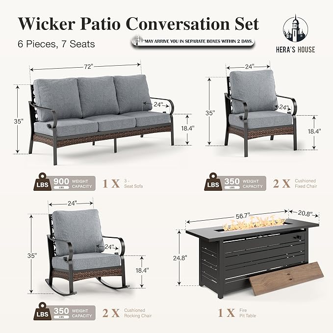 HERA'S HOUSE 6 Piece Metal Patio Furniture Set with 56" Fire Pit Table, All Weather Outdoor Conversation Set, 3 Seat Sofa, 2 Rocking Chairs, 2 Fixed Chairs, Seats 7 for Backyard, Garden, Deck, Grey