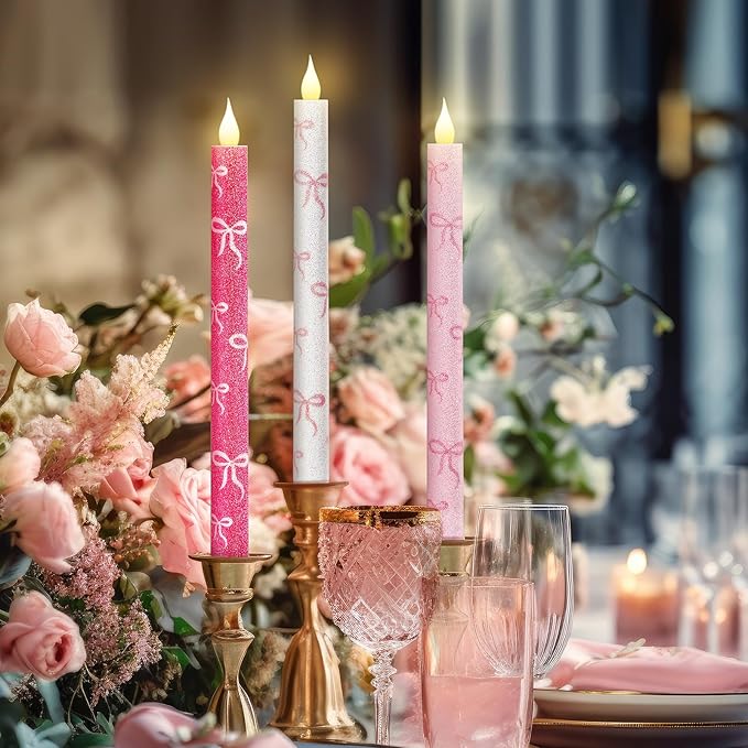 Honoson 6 Pcs Mother's Day Flameless Candles Glitter Bow Taper Candle 10.6 Inch Pink Coquette Candles Battery Operated LED Candlestick for Mother's Day Wedding Bridal Birthday Party Dinner Table Home