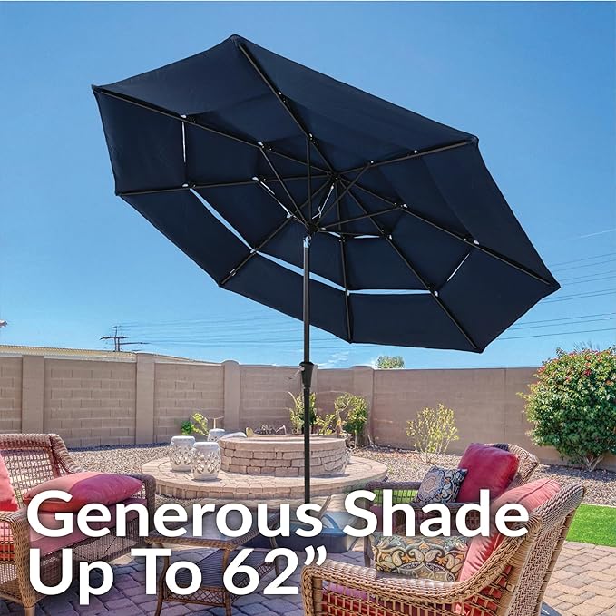 Sunnydaze Outdoor Umbrella for Patio - Vented 3-Tier Outdoor Patio Umbrella - Wind-Resistant, Tilt and Crank - For Pool, Garden, or Yard