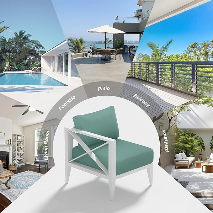 MBY Outdoor Aluminum Patio Furniture Set, 5-Seats Patio Conversation Sofa Set with 1 Corner Sofa and 2 Coffee Tables, All Weather for Pool, Balcony, Garden-White