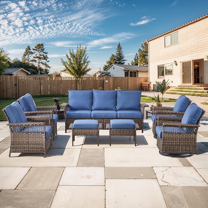 Patio Furniture Set 2 Wicker Swivel Glider Chairs 2 PE Rattan Chairs and 2 Ottomans with Blue Cushions Patio PE Rattan Side Table Brown Wicker Patio Conversation Set 7pcs for Patio