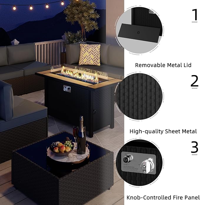 JAMFLY 8 Piece Outdoor Patio Furniture Set with Propane Fire Pit Table, All-Weather PE Wicker Rattan Sectional Sofa Set with Thick Cushions for Backyard, Garden, Poolside(Aegean Blue, Black)