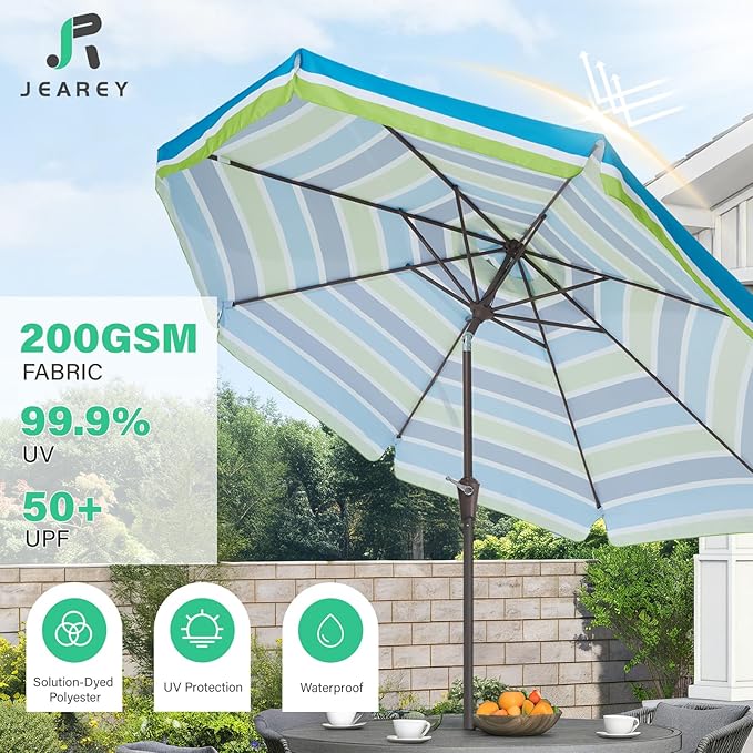 JEAREY 9 FT Patio Umbrella Outdoor, Table Umbrellas Market Umbrella w/Push Button Tilt/Crank, 8 Sturdy Ribs(Blue Green Striped)