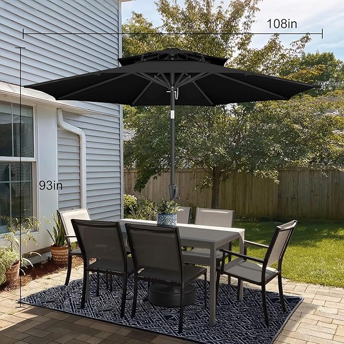 9ft Outdoor Patio Umbrella - 2-Tier Table Umbrella Waterproof UV Protection, Sombrillas de Patio with Push Button Tilt, Sun Umbrella for Pool, Porch, Garden, Backyard (Black)