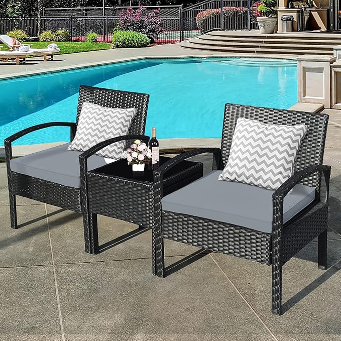 Tangkula 3 Piece Patio Conversation Set, Outdoor Rattan Sofa Set with Seat Cushions & Coffee Table, Patio Wicker Furniture Set for Garden Balcony Backyard Poolside (Grey)