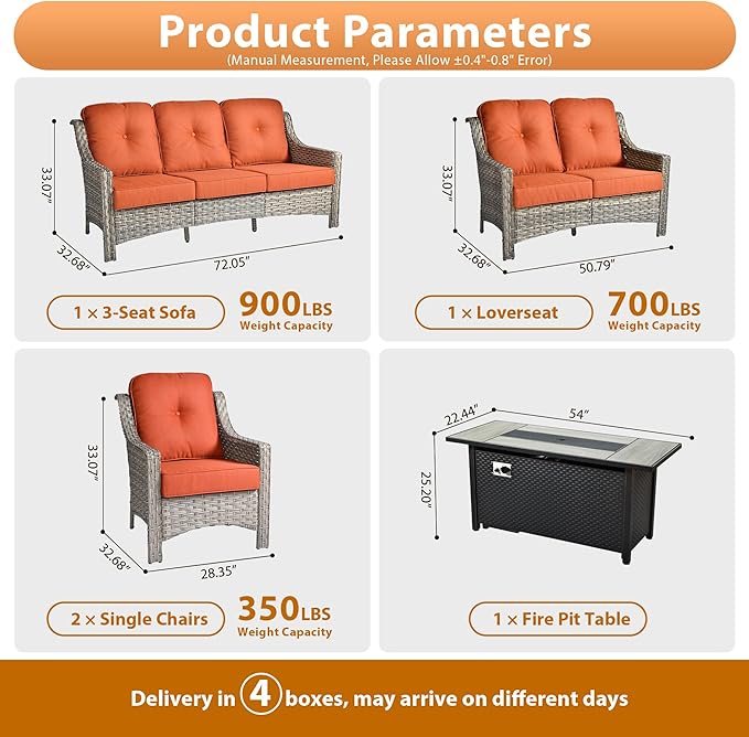 Outdoor Patio Furniture Sets, 5 PCS Patio Conversation Set Outside Rattan Sofa with 54 in Fire Pit Table Comfy Cushions Fit Backyard Porch Garden Poolside Balcony,Orange Red