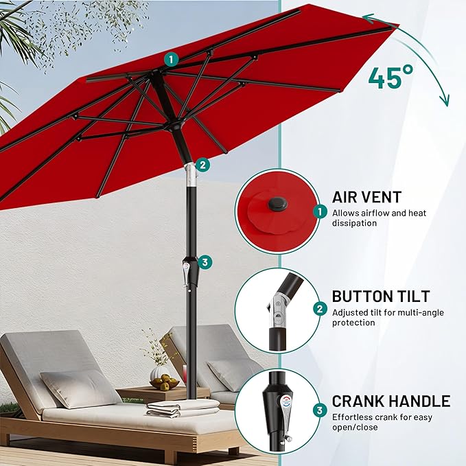 AreShark 10 FT Outdoor Patio Umbrella, Patio Table Umbrella with Push Button Tilt and Crank, Outdoor Patio Umbrellas with 8 Fiberglass Ribs, Patio Umbrellas for Market, Garden, Pool (Red)