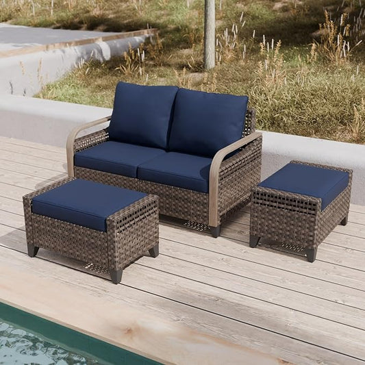 COOS BAY Modern Wicker Outdoor Furniture Set, 3 Piece Patio Conversation Set with a Loveseat and 2 Ottomans, 3 Piece, Brown/Blue