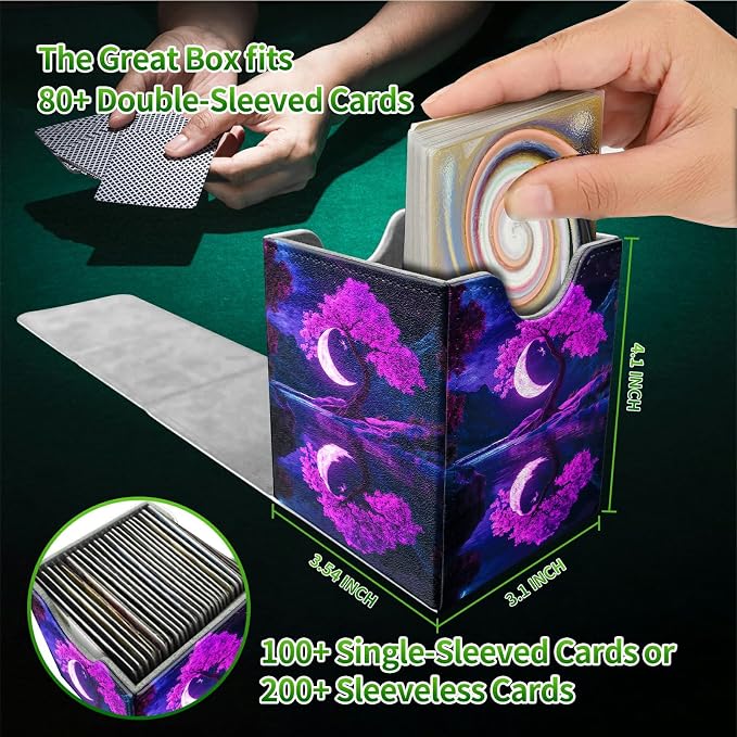Purple Moon Tree Card Deck Box for MTG, Personalized Card Storage Case Fits 120+ Sleeved Cards, Premium Leather TCG Box with Strong Magnetic Closure for Magic, CCG, PTCG, Baseball Cards