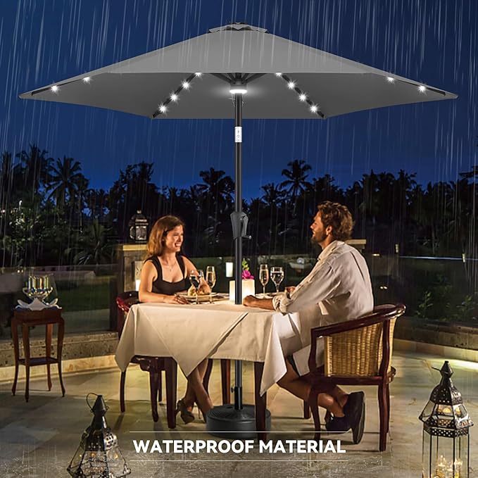 10FT Solar Patio Umbrella - Outdoor Umbrella with Centre Surround Light 24 LED Lights, Market Table Umbrella with Tilt for Pool, Porch, Garden, Deck, Backyard UV Protection (Anthracite)