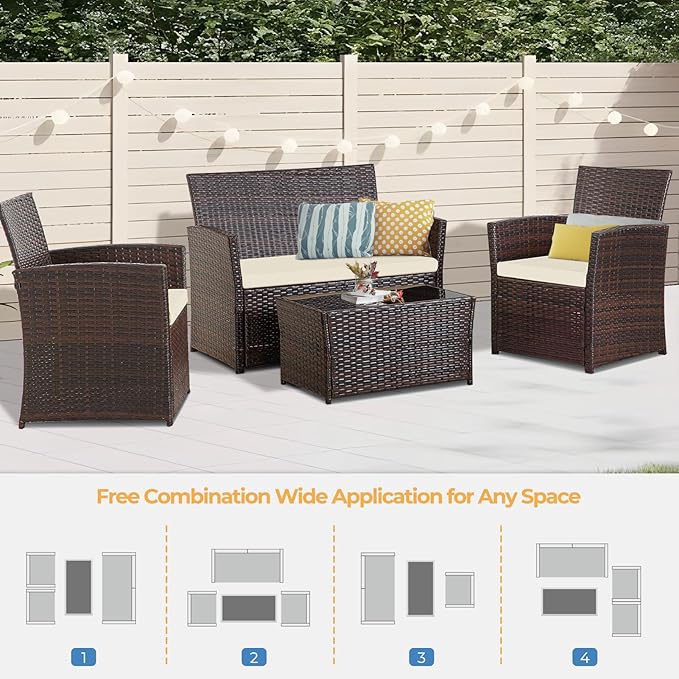 FHFO 4 Piece Outdoor Patio Furniture Sets, Wicker Conversation Sectional Set, Rattan Chairs with Table and Loveseat for Balcony Porch Backyard (Brown-Beige)