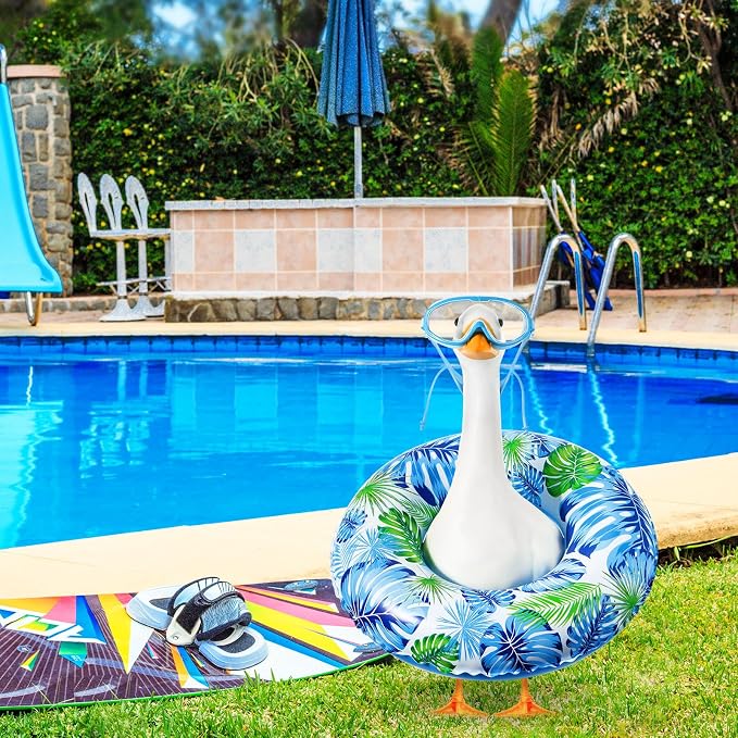 Aliceset 2 Pcs Summer Porch Goose Outfits Hawaiian Pool Goose Cloth Costume Swimsuit with Swim Ring Sunglasses, Fits 23'' Lawn Statue for Patio Yard Garden Outdoor Decor(Palm Style)
