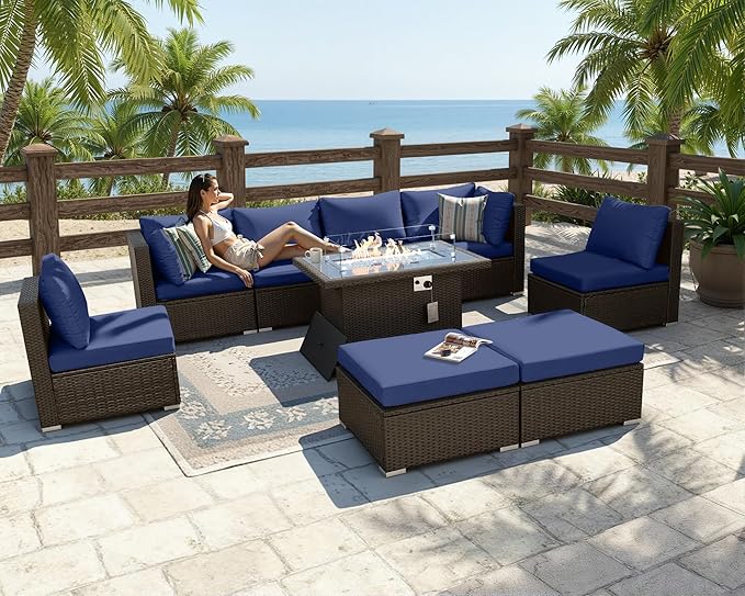 BULEXYARD 9 Piece Highback Patio Furniture Set with Fire Pit Table, Modern Modular Outdoor Sectional Couch Sofa with Ottoman, XL 8-Person Backyard Seating for Outside, Brown Wicker & Navy Blue Cushion