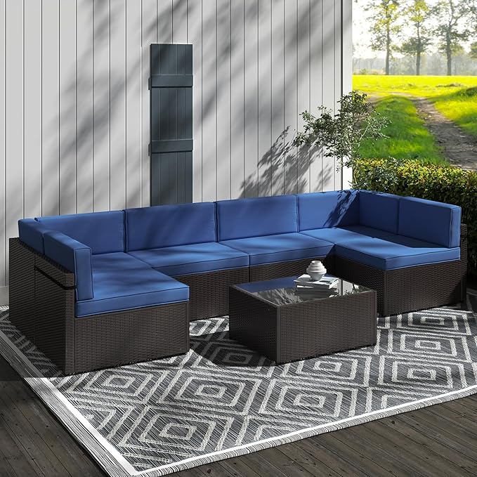 7 PCs Patio Furniture Sets, PE Rattan Wicker Outdoor Sofa, (Sectional Conversation Set with Tea Table, (Dark Blue)