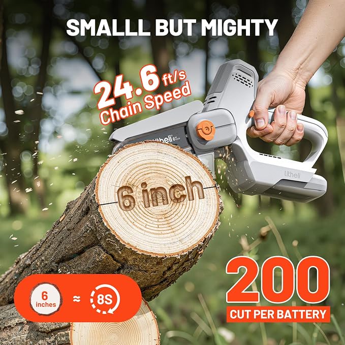 Litheli 6-Inch Mini Chainsaw Cordless, 20V 300W Handheld Electric Chainsaw with 24.6ft/s Chain Speed, Small Portable Pruning Saw for Tree Trimming, Branch Cutting & Gardening(Tool Only)