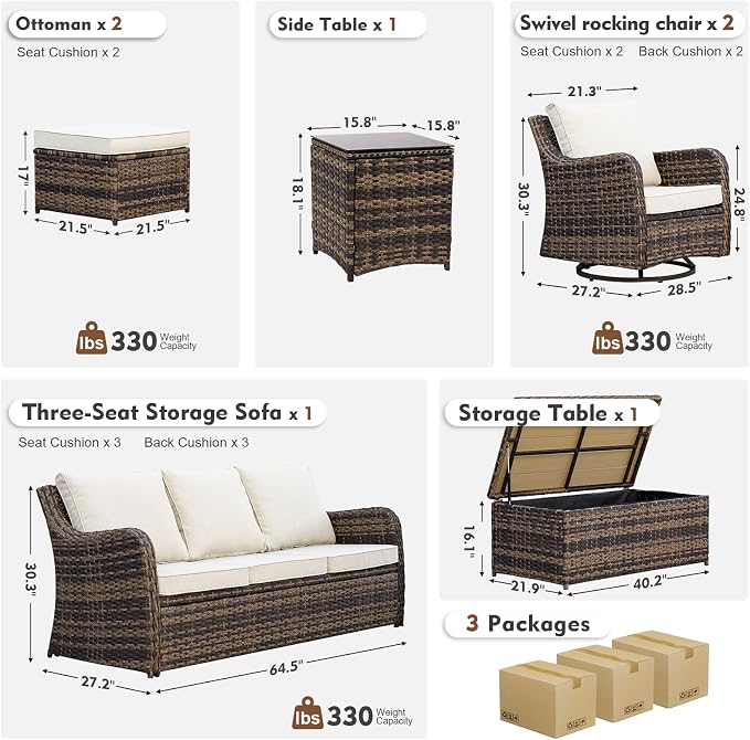 MEISSALIVVE 7 Pieces Patio Furniture Set with Swivel Chair, Outdoor Patio Conversation Set, Patio Sectional Furniture Set with 2 Swivel Rocker Patio Chair and Sofa, 2 Ottomans and Coffee Table (Brown)