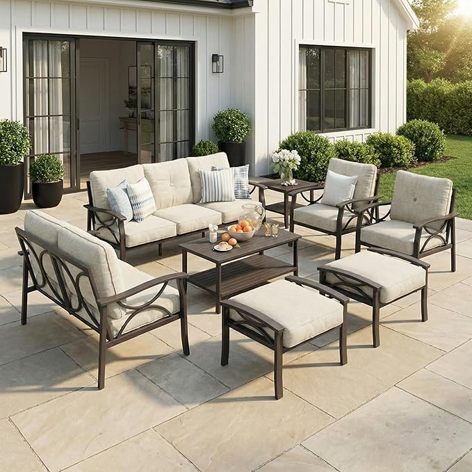 RoyalCraft 8-Pieces Outdoor Patio Furniture Set, Outdoor Metal Sectional Furniture with Cushions, Outdoor Conversation Seating Set with Coffee Table for Balcony, Backyard, Garden, Deck, Beige