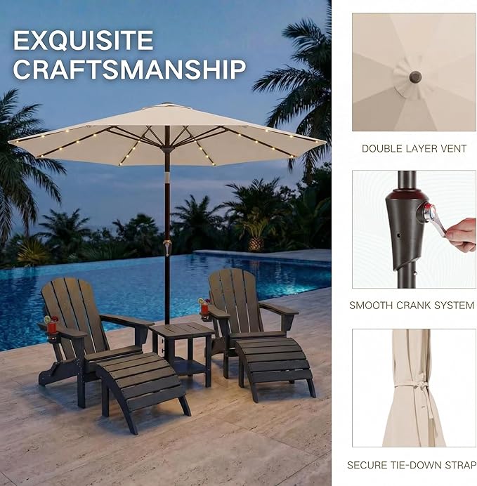Kingdura 9FT Outdoor Patio Umbrella with Solar Lights, Market Table Umbrella with Push Button Tilt & Crank, 8 Sturdy Ribs, 32 LED Lights, UV Protection for Garden Lawn Deck Backyard Pool (Beige)