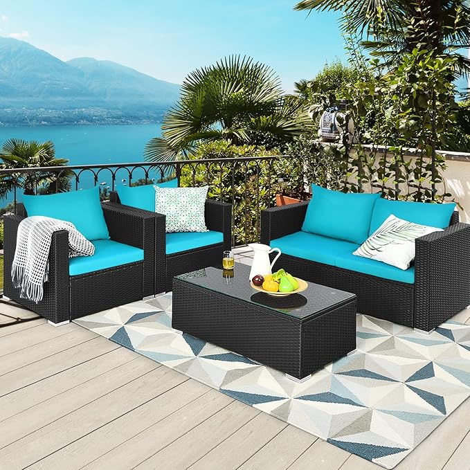 COSTWAY 4-Piece Patio Rattan Furniture Set, Cushioned Sofa Chair, Loveseat and Coffee Table with Tempered Glass Top, Outdoor Conversation Sets for Garden Poolside Balcony Porch (Turquoise)