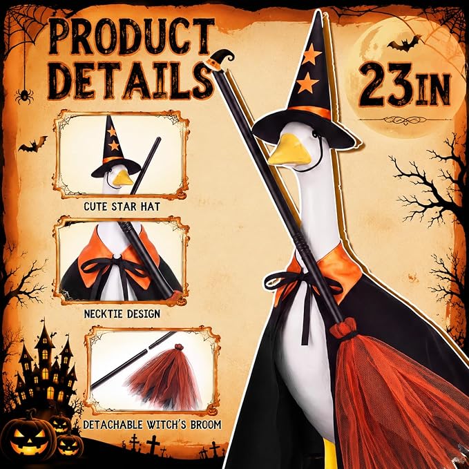 Halloween Porch Goose Outfit Goose Dress Witch Clothes with Broom and Hat Costume for 23" Gooses Statue Decoration Patio Yard Garden Lawn Outdoor Decors