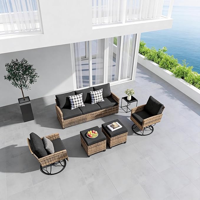 6 Piece Outdoor Furniture Set, Rattan Patio Furniture with 2 Swivel Chairs, 3-Seat Sofa, 2 Ottoman & Side Table, All-Weather Conversation Set for Porch Garden Lawn Balcony (Brown & Black)