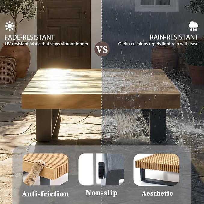 OTSUN Outdoor Coffee Table, Square Patio Dining Table with Teak Wood Slatted Top & Aluminum Frame Low Profile Patio Table for Backyard Poolside Balcony