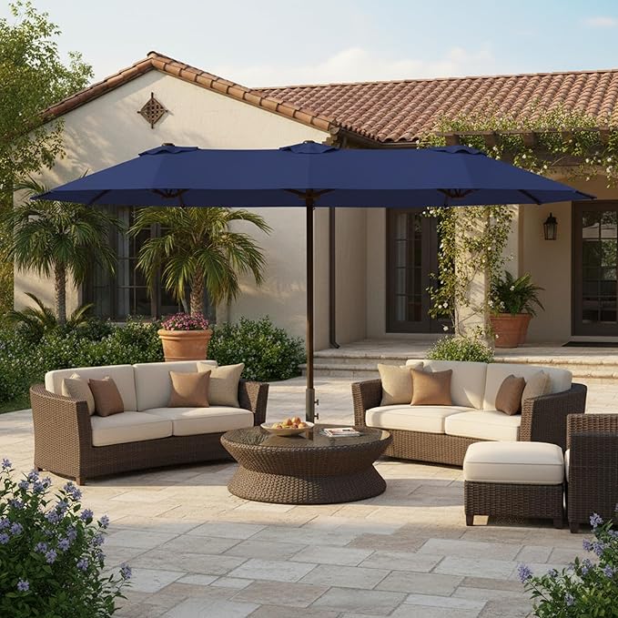 15FT Large Patio Umbrella with Base, Double Sided Rectangular Outdoor Umbrella with Sturdy Fiberglass Ribs, UPF 50+ Sun Protection, Wind-Resistant, Waterproof Fade-Resistant Fabric for Pool, Garden, Backyard, Deck(Navy)