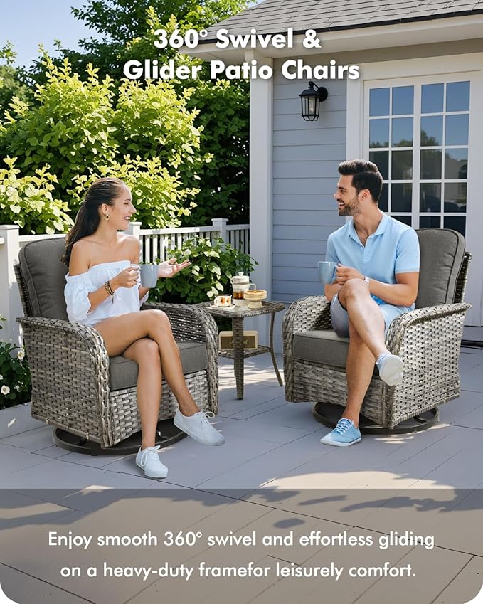 3-Piece Swivel Rocking Rattan Chair Outdoor, Patio Bistro Furniture Conversation Set, Wicker Chair with Coffee Table Black