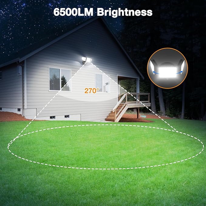 65W Dusk to Dawn Flood Lights Outdoor, 6500LM LED Outdoor Light, IP65 Waterproof, 6500K Daylight, 3 Adjustable Heads LED Security Light with Photocell for Yard Garage Porch Black