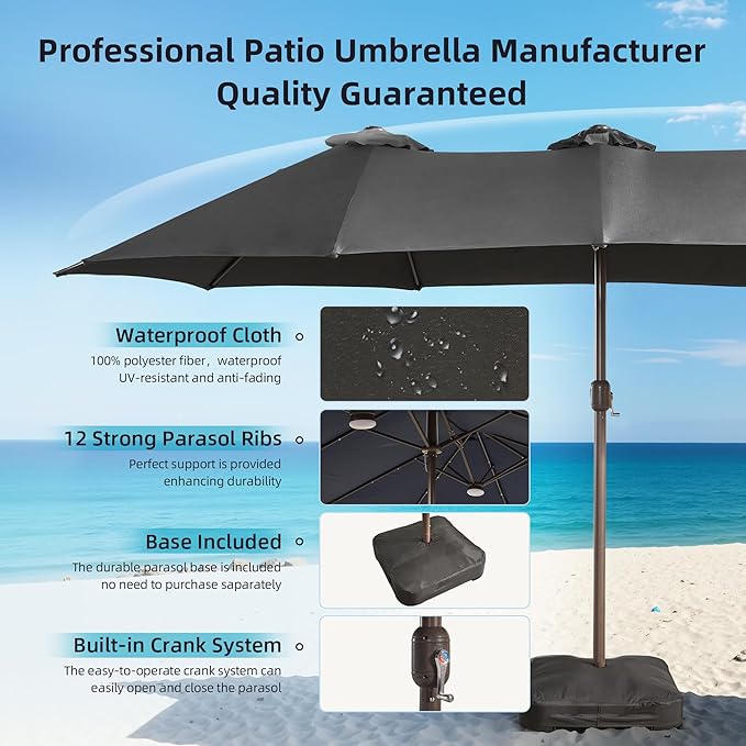 15Ft Patio Umbrella - Large Beach Umbrella W 12 Sturdy Ribs,UPF50 Outdoor Table Umbrella,Picnic Market Umbrella W Base Crank Handle for Pool,Yard,Garden
