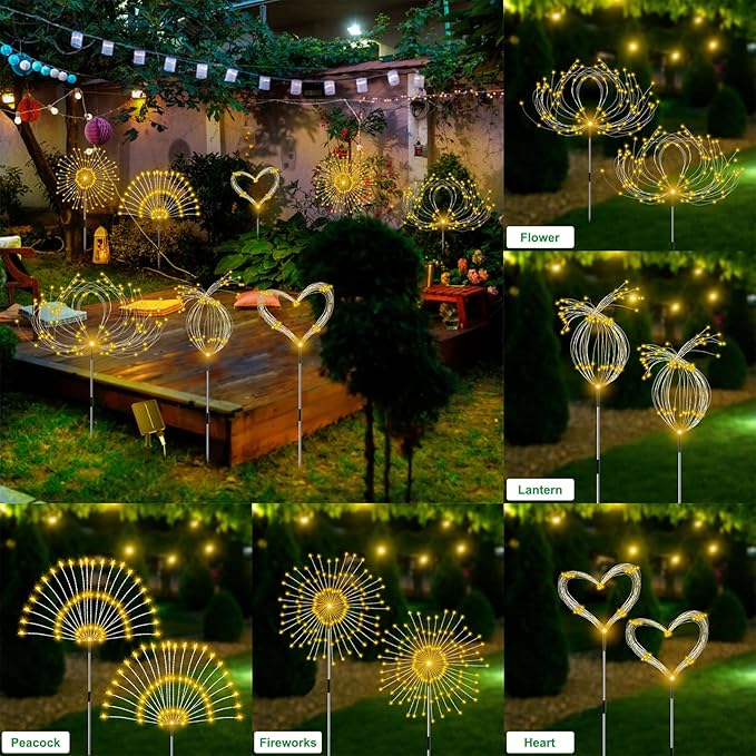 Slyuexu Solar Garden Lights Outdoor Waterproof, 4 Pack Total 480 LED Solar Firework Lights Decorative with 8 Lighting Modes Outside for Yard Pathway Flowerbed Decor, Warm White