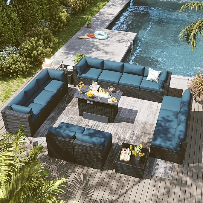 LazySunsets 15 Piece Outdoor Patio Furniture Set with 44'' Fire Pit Table, Outdoor Patio Furniture Set with Waterproof Cover, Wicker Rattan Outdoor Conversation Set for Backyard & Garden, Peacock Blue