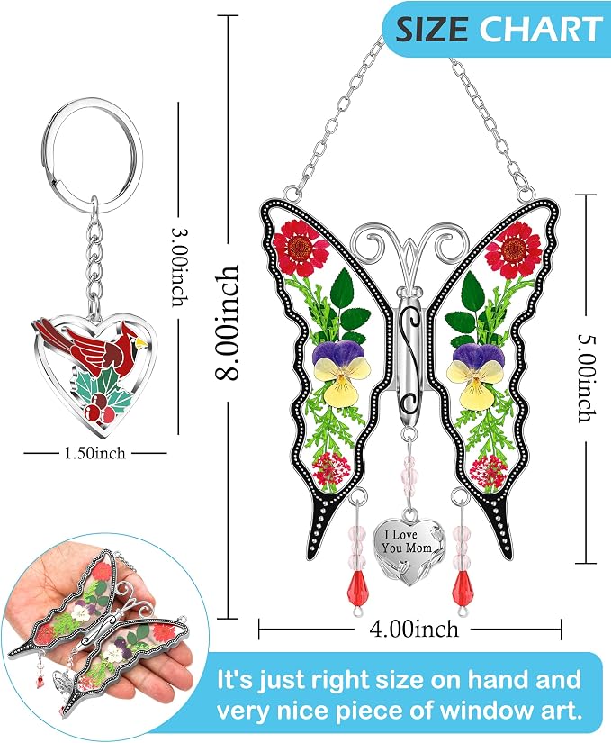 KY&BOSAM Butterfly Suncatcher I Love You Mom Gifts Window Hanging Decor | Wind Chimes,Metal,Pressed Flower ,Glass and Charm,Gifts for Mom Mother's Day Valentine's Birthday Thanksgiving Christmas