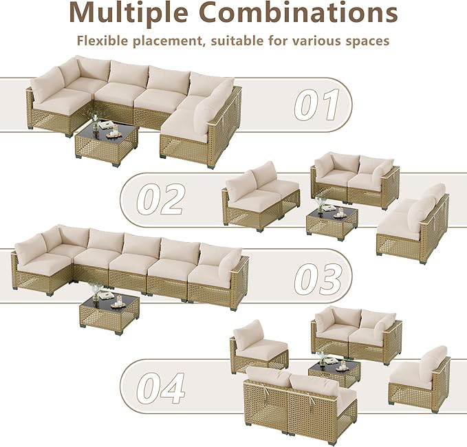 7 Piece Outdoor Patio Furniture Set, Rattan Chairs Glass Table Wicker Conversation Seating Sectional Sofa with Cushions (Yellow-Beige, 7Pcs-Straight Back)