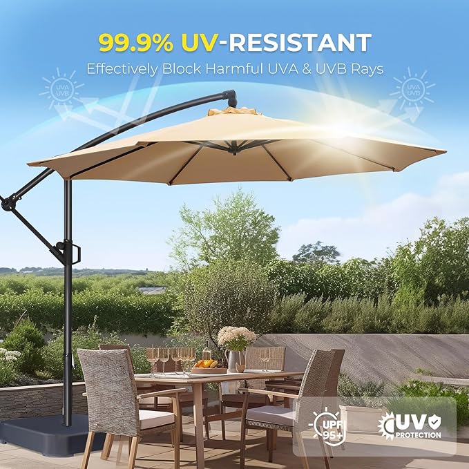 HOMSHADE 10ft Offset Patio Umbrella with Base Included, Cantilever Offset Hanging Patio Outdoor Market Umbrella UPF50+ UV Protection with Easy Tilt and Crank for Pool Deck and Garden(Beige)