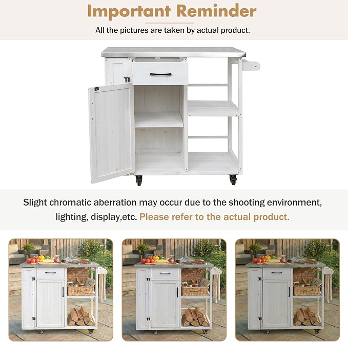 Outdoor Deck Box with Stainless Steel Worktop, White Fir Wood Patio Storage Cabinet for Garden Tools and Pool Accessories, Weather-Resistant Storage for Patio & Deck, 40.5 x 18.5 x 35.6 Inches, White