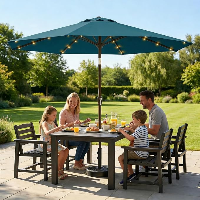 11FT Solar Lighted Patio Umbrella, Outdoor Table Market Umbrellas with Crank Lift, 32 LED Lights, 8 Sturdy Ribs, UV-Resistant for Deck, Garden, Pool