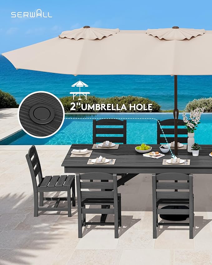 SERWALL 9 Piece Outdoor Dining Set, 84" HDPE Outdoor Table and Armless Chairs Set for 8，All Weather Patio Furniture Set with Umbrella Hole for Backyard, Garden, Black