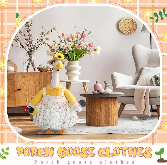 FuWeave Summer Goose Outfit Flower Porch Goose Clothes for 17" Statue Outdoor Patio Yard Lawn Art Decoration (Floral Overalls)