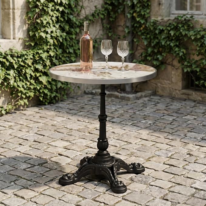 SSLine 31.5" Round Sintered Stone Dining Table, Pandora Marble Top Bistro Table with Heavy-Duty Cast Iron Base, Waterproof Tulip Table for 2-4 Person,Indoor/Outdoor Use for Patio,Cafe,Restaurant