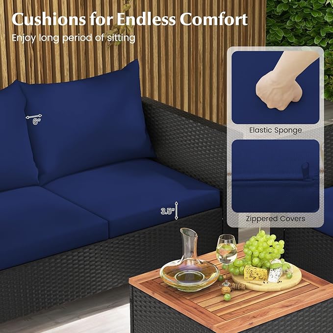 Tangkula 4 Piece Outdoor Conversation Set, Patio Cushioned Chairs w/Storage Coffee Table, Acacia Wood Tabletop & Chair Legs, Patio Wicker Furniture Set for Poolside, Lawn, Porch (1, Navy)