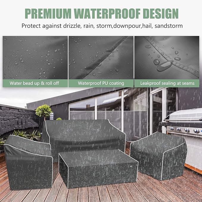 Gasadar Patio Furniture Cover 4-Piece Set, Heavy Dut 600D Outdoor Furniture Cover Waterproof for Lawn Patio Chairs, Loveseat and Coffe table, Grey