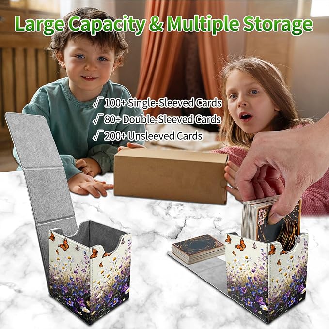 Purple Flower Butterfly Card Deck Box for MTG, Personalized Card Storage Case Fits 120+ Sleeved Cards, Premium Leather TCG Box with Strong Magnetic Closure for Magic, PTCG, Baseball Cards